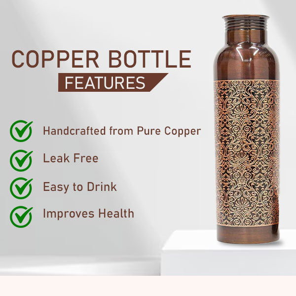 Copper Charge 1000ml Water Bottle 100% Pure Copper Water Bottle Leak Proof & Rust Proof for Home, School & Office (1000 ml) (Jointless A/E Design)