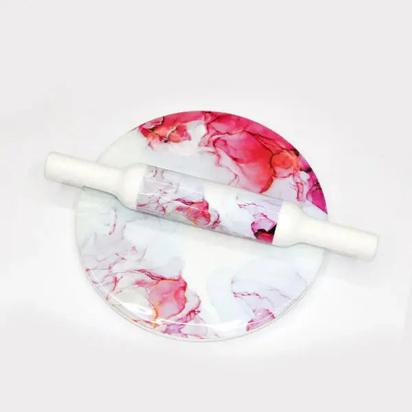 Printed White Marble Roti Maker with Wooden Belan Enamel Print/White Marble Chakla 10 Inch Diameter with Belan (Red Colourful)