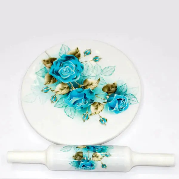 Printed White Marble Roti Maker with Wooden Belan Enamel Print/White Marble Chakla 10 Inch Diameter with Belan (Printed Enamel Chakla Belan) (Blue Rose)