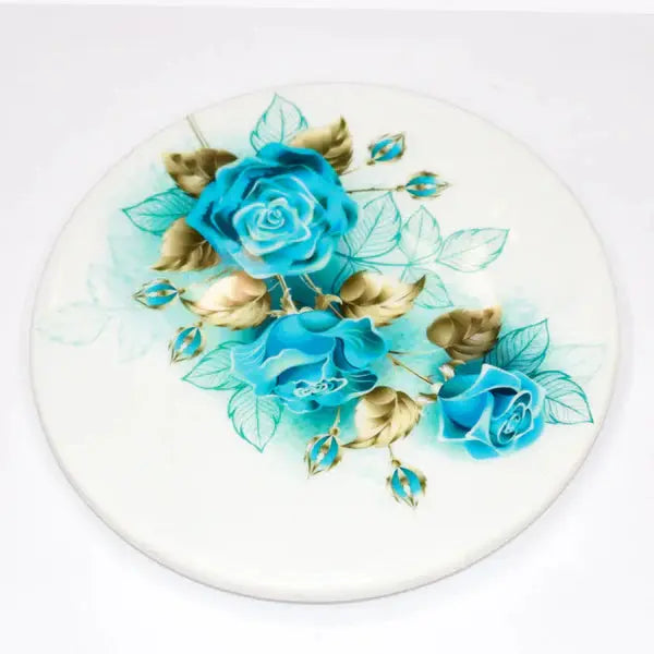 Printed White Marble Roti Maker with Wooden Belan Enamel Print/White Marble Chakla 10 Inch Diameter with Belan (Printed Enamel Chakla Belan) (Blue Rose)