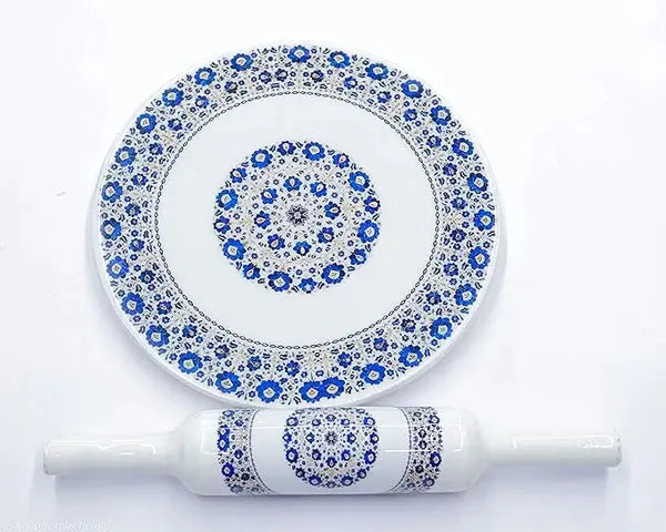 Printed White Marble Roti Maker with Wooden Belan Enamel Print/White Marble Chakla 10 Inch Diameter with Belan (Printed Enamel Chakla Belan) (W/b-2)