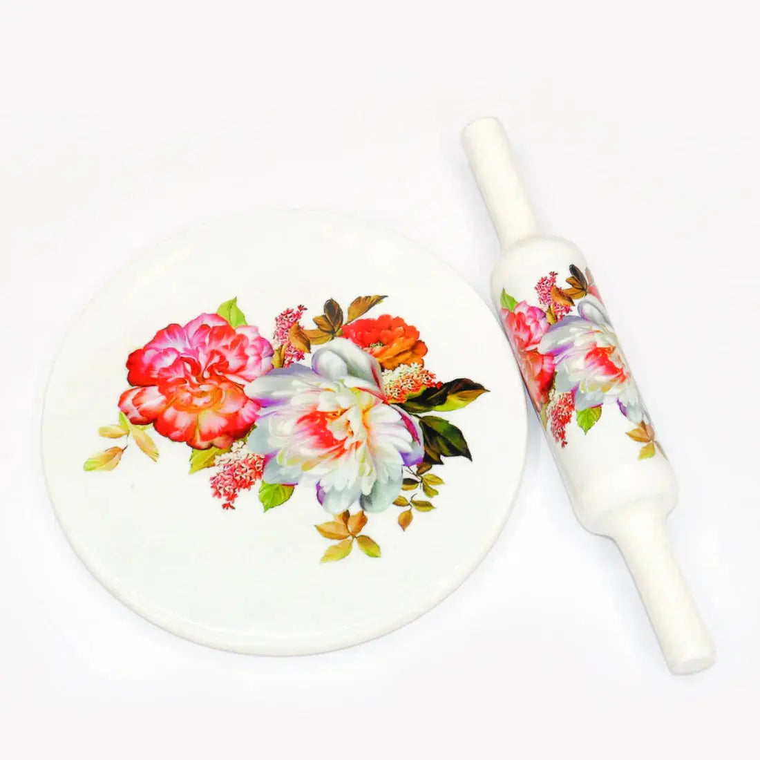 Printed White Marble Roti Maker with Wooden Belan Enamel Print/White Marble Chakla 10 Inch Diameter with Belan (Multflower)