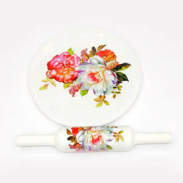 Printed White Marble Roti Maker with Wooden Belan Enamel Print/White Marble Chakla 10 Inch Diameter with Belan (Multflower)