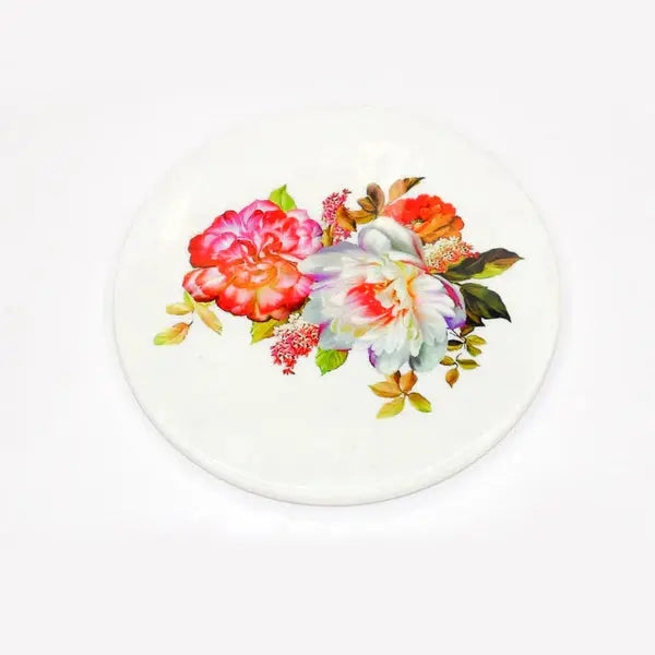 Printed White Marble Roti Maker with Wooden Belan Enamel Print/White Marble Chakla 10 Inch Diameter with Belan (Multflower)